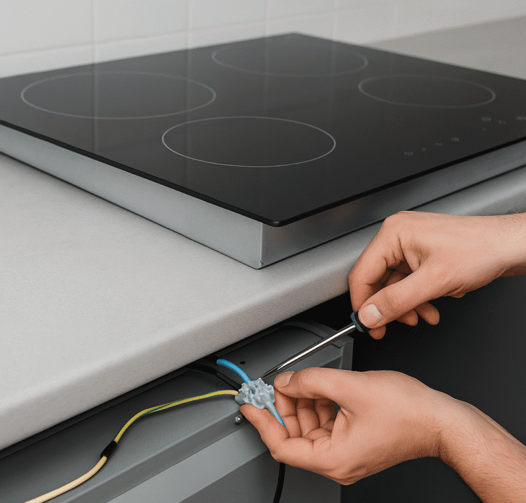 Comment brancher une plaque à induction encastrable en toute sécurité 6 Une personne branchant une plaque à induction