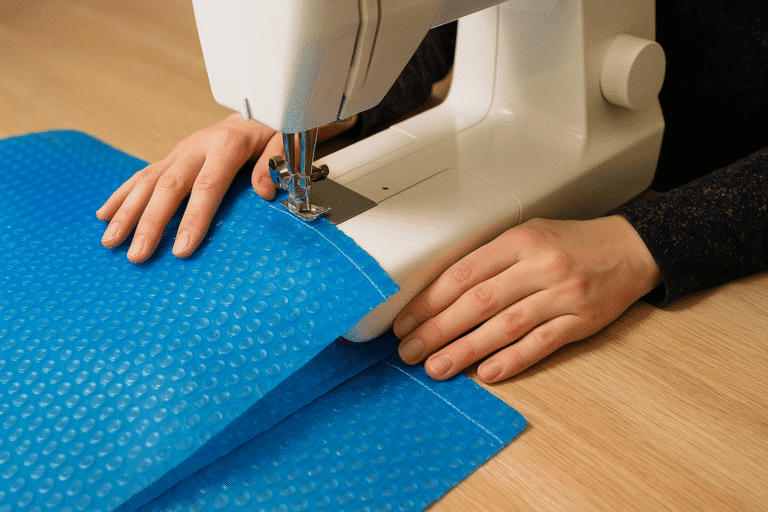 Comment coudre une bâche à bulle résistante et durable 2 une personne qui coud une bâche a bulle